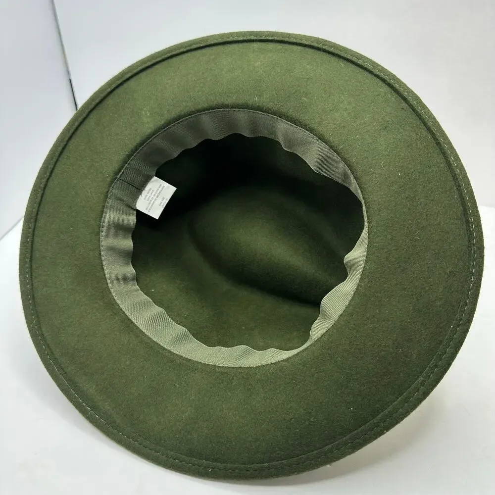 Olive Green Wool Wide Brim Fedora Hat Braided Suede Band One Size